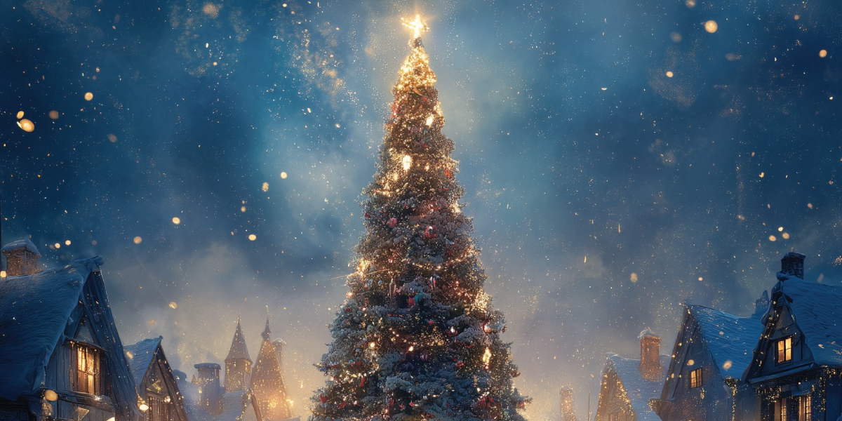 christmas tree lit up at night